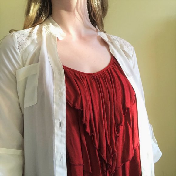 Sheer Cream Blouse with Pockets and Lace Detail - Picture 2 of 5